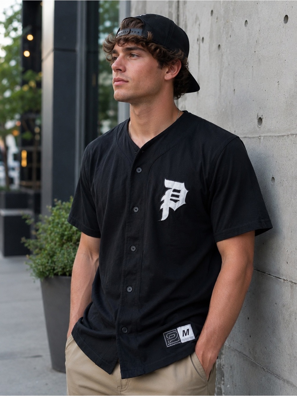 Primitive Black Button-Up Baseball Jersey with White 'P' Logo